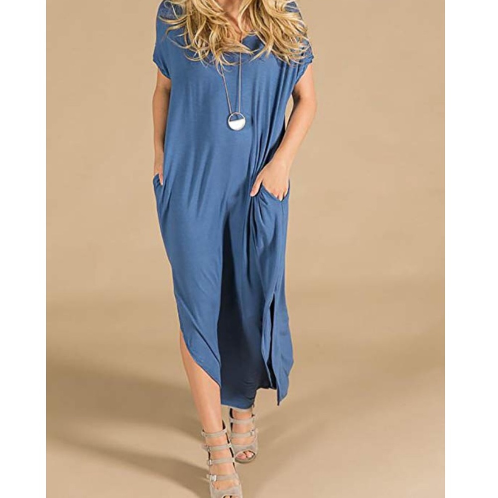 Slate Blue Cami Boho Maxi Dress With Pockets - Picture 3 of 7